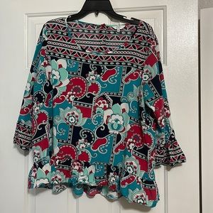 Crown & Ivy navy, coral, turquoise floral shirt, buttons up the back xl